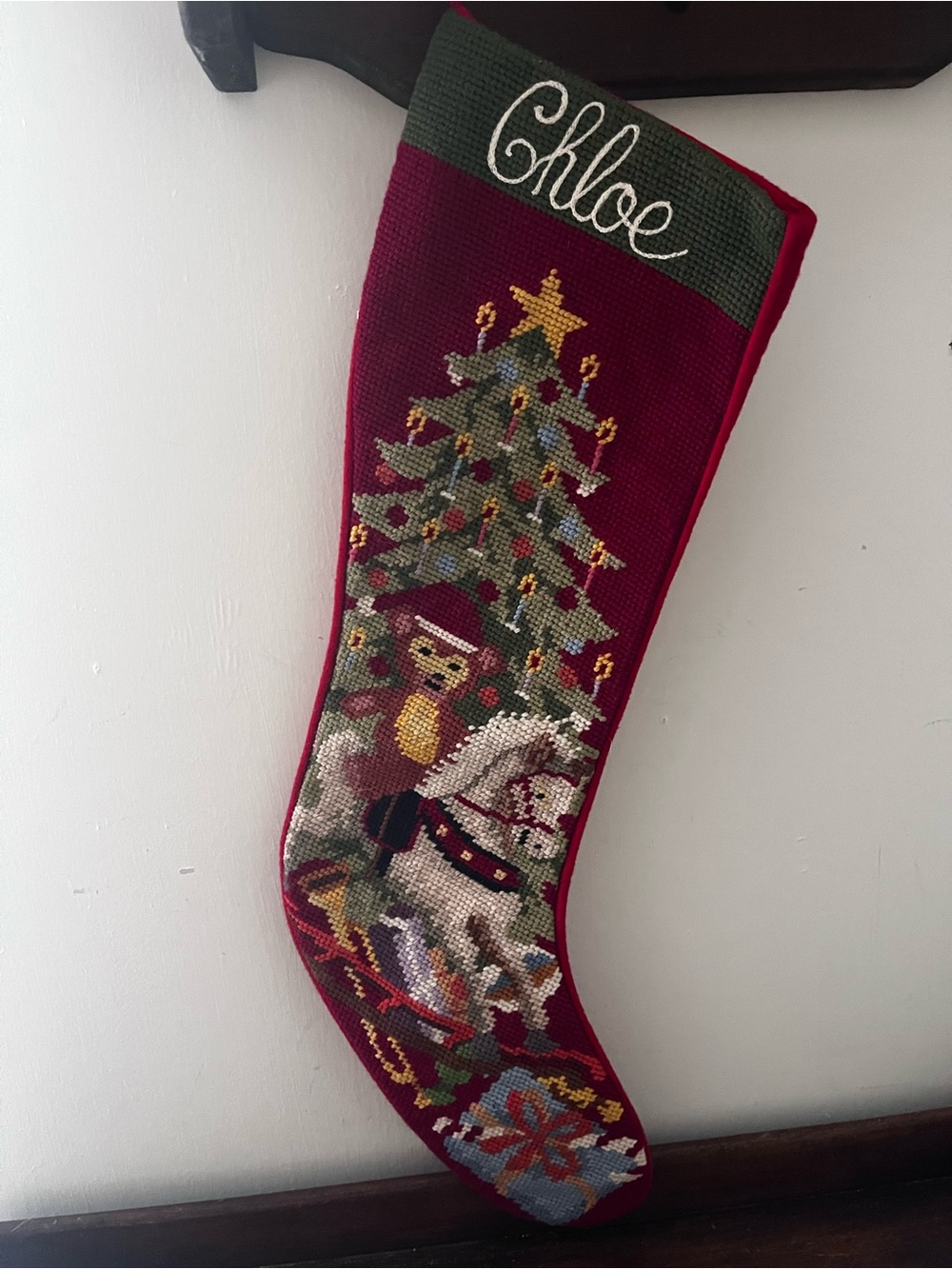 Vintage Needlepoint 'Chloe' Red Holiday Stocking Christmas